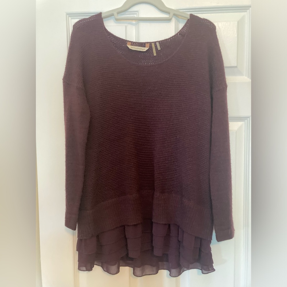 Soft Surroundings Wool Blend Pullover Tunic Sweater w/ Ruffle Hem, Eggplant, PM